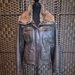 Geox Dark Brown Leather Jacket with  Fur Trim